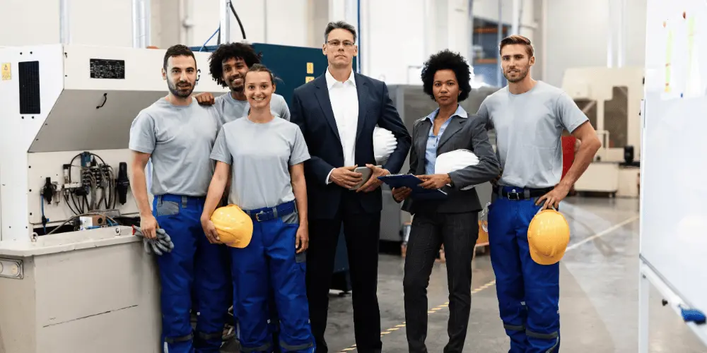 Manufacturing workers and manager standing in a factory - Ontario manufacturing jobs decline as US tariffs impact the Canadian job market