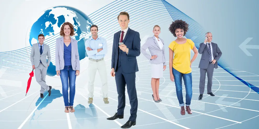 Diverse group of professionals standing confidently - professional resume writing service that opens doors to more interviews