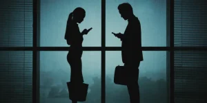 Silhouettes of professionals on phones against a backdrop of conflict — how war impacts US tech and manufacturing jobs