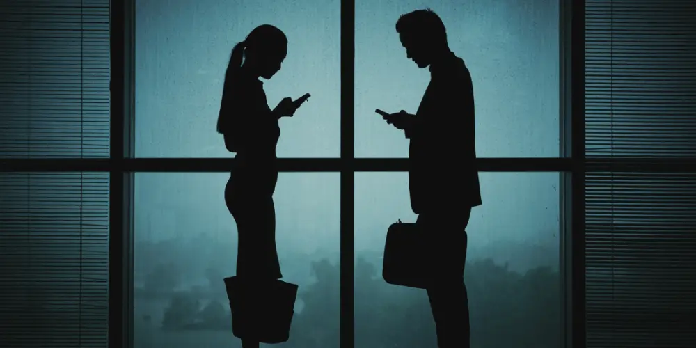 Silhouettes of professionals on phones against a backdrop of conflict — how war impacts US tech and manufacturing jobs