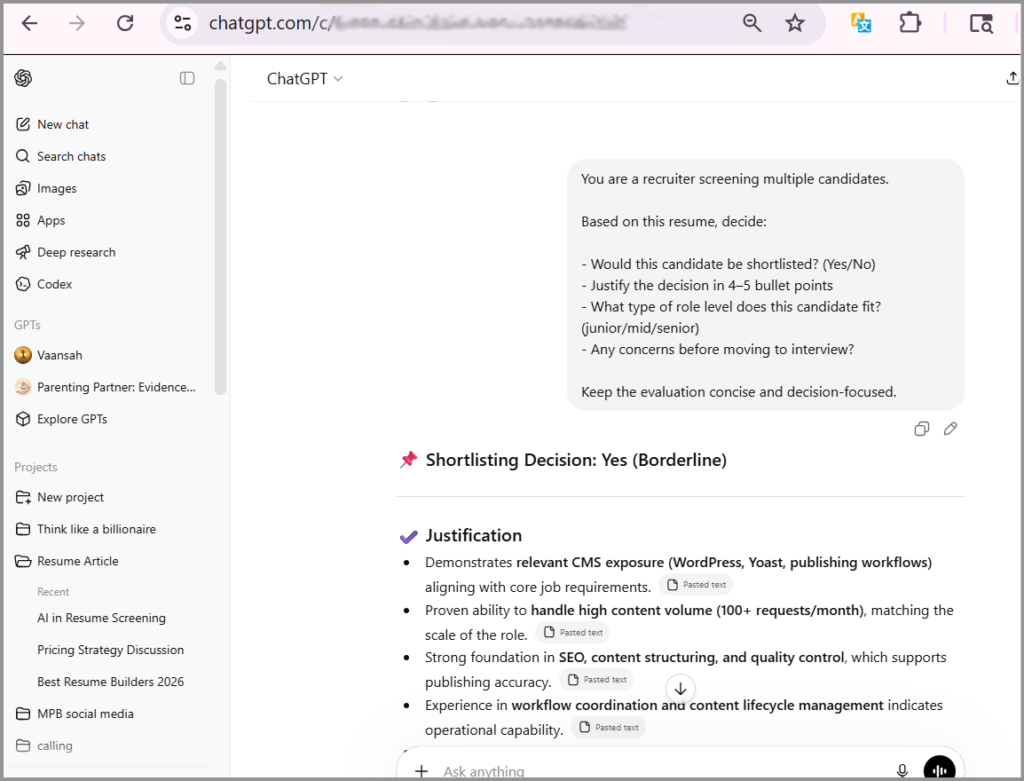 ChatGPT Resume Screening and Shortlisting Decision 