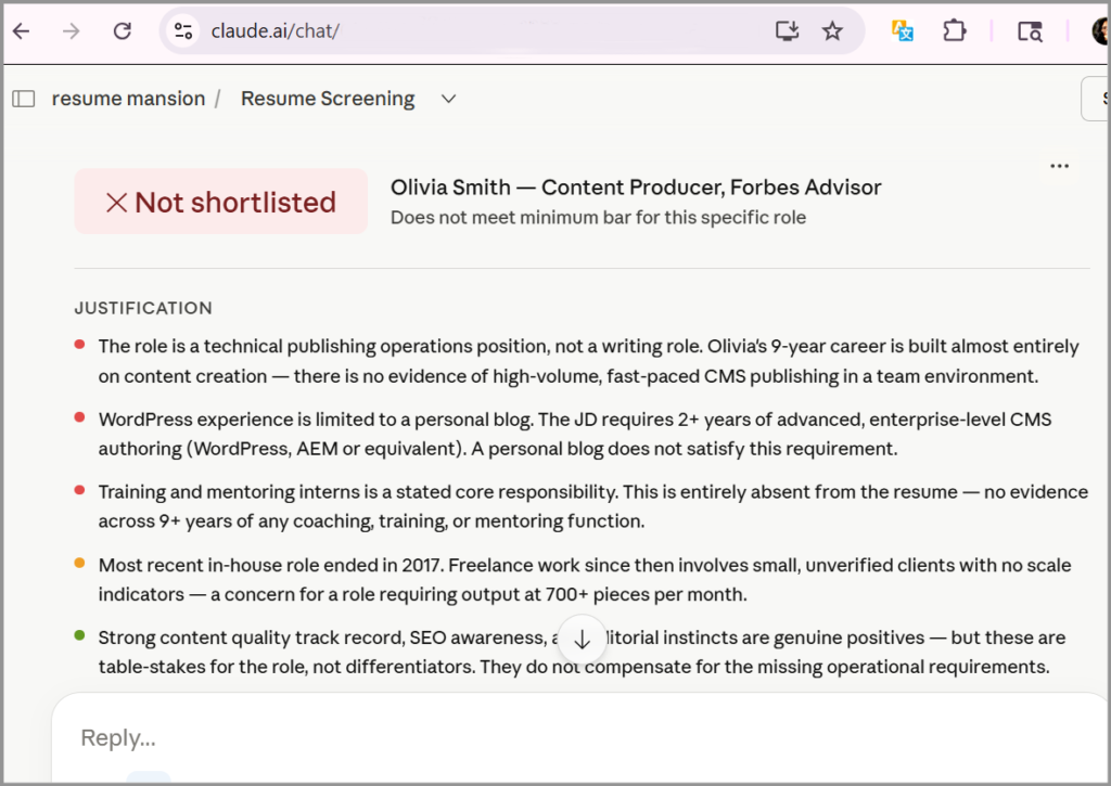 Claude Resume Screening and Shortlisting Decision 