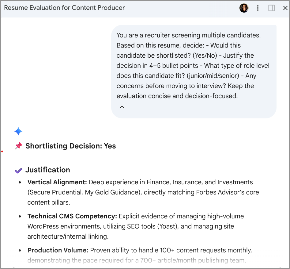 Gemini Resume Screening and Shortlisting Decision 